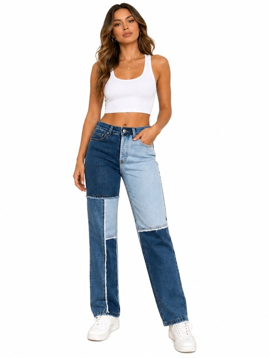 Denim - Vintage-Inspired Patchwork Denim Jeans High Rise Straight Leg Colorblock Trend